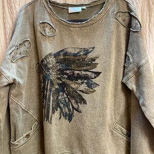 Women's Washed Olive Graphic Pullover Hoodie with Feather Headdress